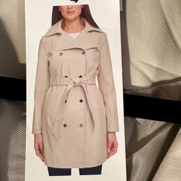 New Calvin Klein Rain Jacket Women's Size L Beige Double Breasted Removable Hood - Picture 2 of 14